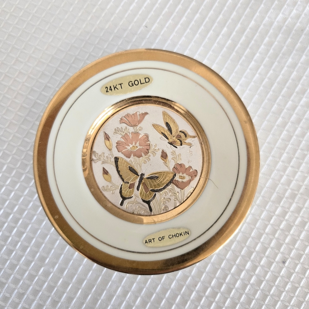 Miniature Plate Art of Chokin Trinket Dish Butterfly Foil Style 24K Gold Edge